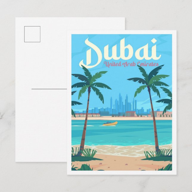 Dubai UAE Vintage Art Travel Illustration Postcard (Front/Back)