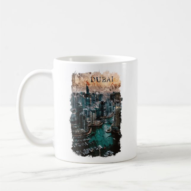 Dubai UAE Watercolor Skyline Coffee Mug (Left)