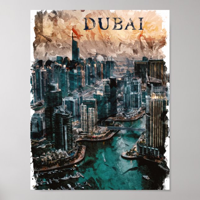 Dubai UAE Watercolor Skyline Poster (Front)