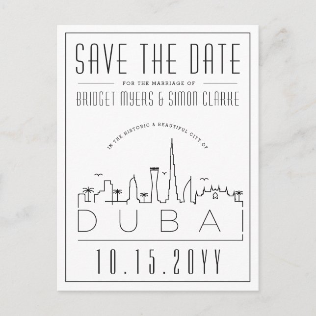 Dubai Wedding Deco Skyline Save the Date Postcard (Front)