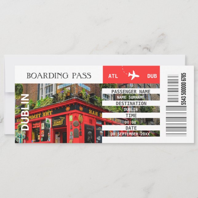 Dublin aeroplane boarding pass getaway weekend  invitation (Front)