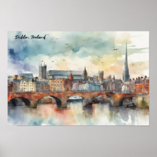 Dublin Ireland City Silhouette Watercolor Painting Poster