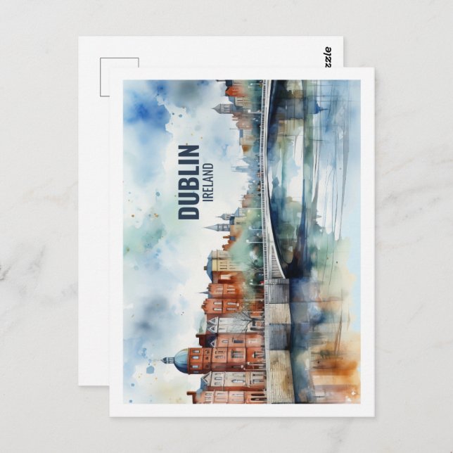 Dublin Ireland Famous Travel Place Watercolor Postcard (Front/Back)