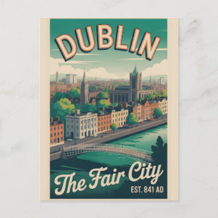 Dublin Ireland Retro Style Cityscape Travel Postcard