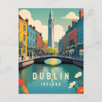 Dublin Ireland Retro Travel Art Floral Tower River