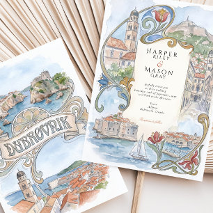 Dubrovnik Croatia Landmarks Watercolor Wedding Invitation