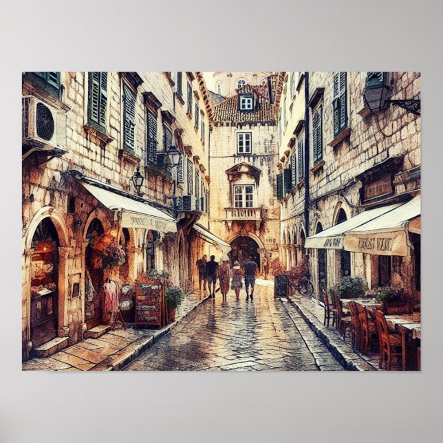  Dubrovnik Croatia street Tower watercolor Poster (Front)