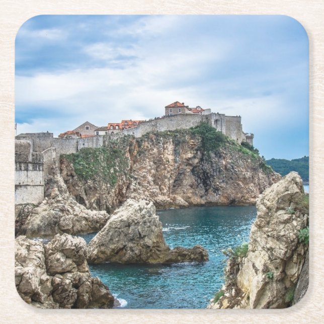 Dubrovnik walls view from sea square paper coaster (Front)