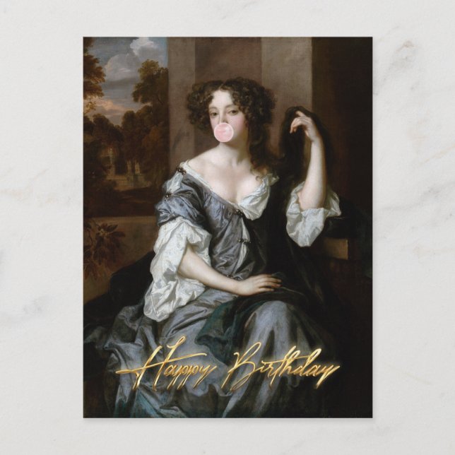 Duchess blowing a pink bubble gum Happy Birthday Postcard (Front)