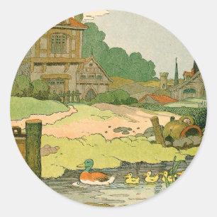 Duck and Ducklings Swimming on the River Stickers