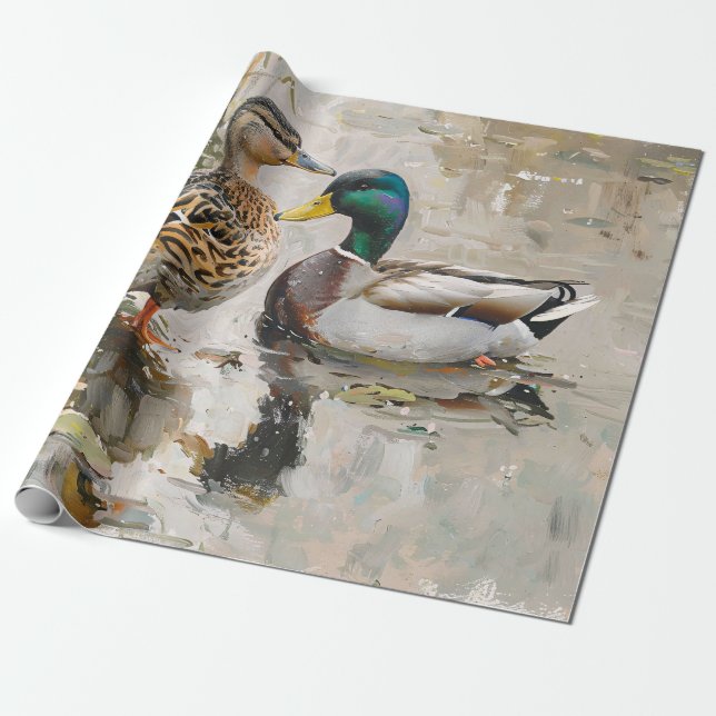 Duck and Mallard Wildlife Painting Decoupage Wrapping Paper (Unrolled)