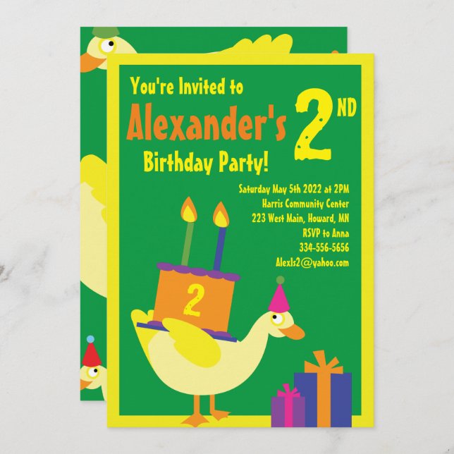 Duck Animal Kid's Birthday Party Invitations (Front/Back)