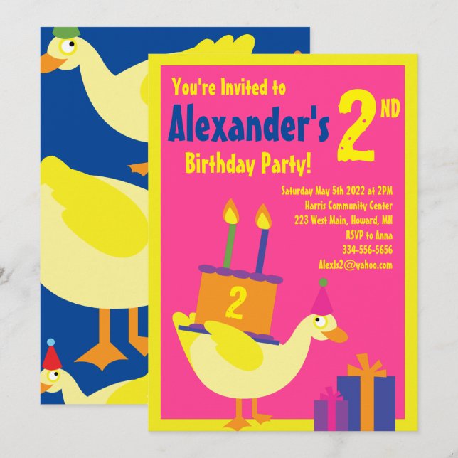 Duck Animal Kid's Birthday Party Invitations (Front/Back)