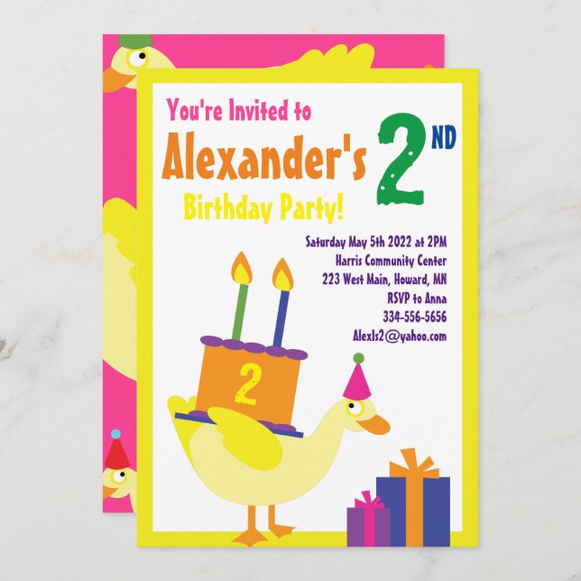 Duck Animal Kid's Birthday Party Invitations (Front/Back)