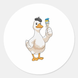 Duck as Painter with Paint brush Classic Round Sticker