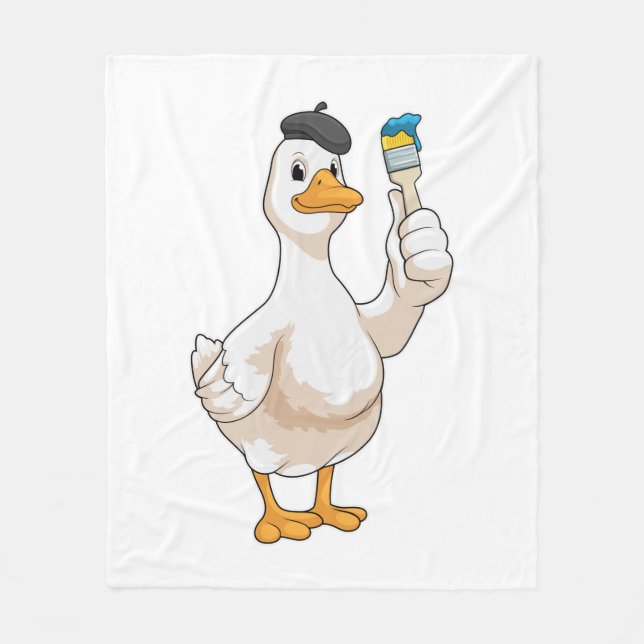 Duck as Painter with Paint brush Fleece Blanket (Front)