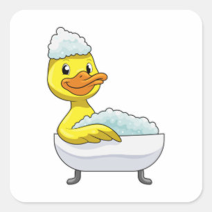 Duck at Bathing with Bathtub & Foam Square Sticker