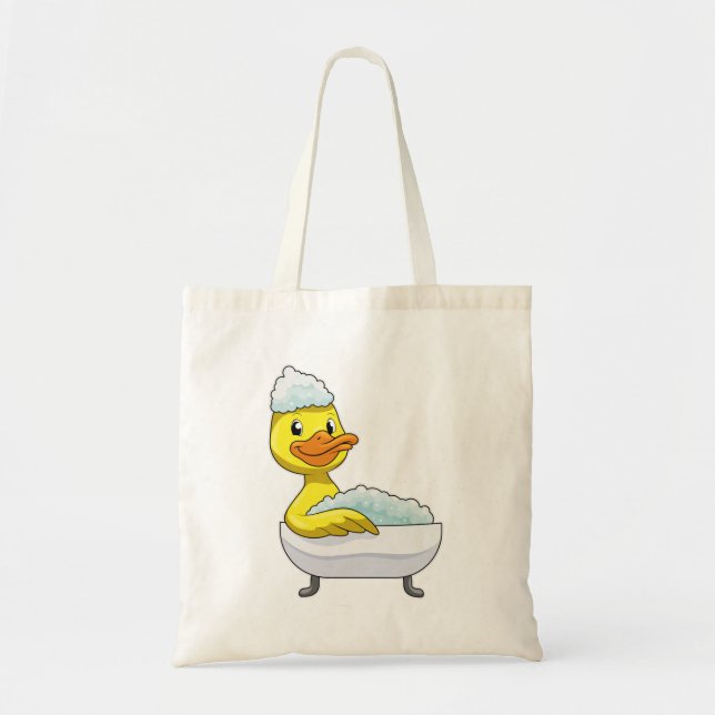 Duck at Bathing with Bathtub & Foam Tote Bag (Front)