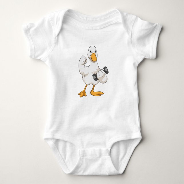 Duck at Bodybuilding with Dumbbell Baby Bodysuit (Front)