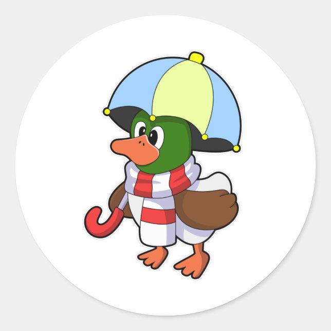 Duck at Raining with Umbrella Classic Round Sticker (Front)