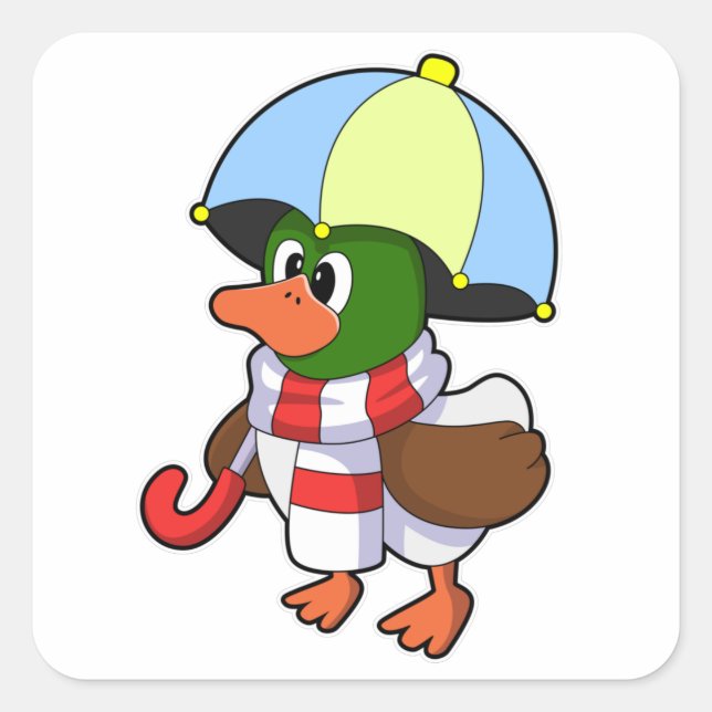 Duck at Raining with Umbrella Square Sticker (Front)