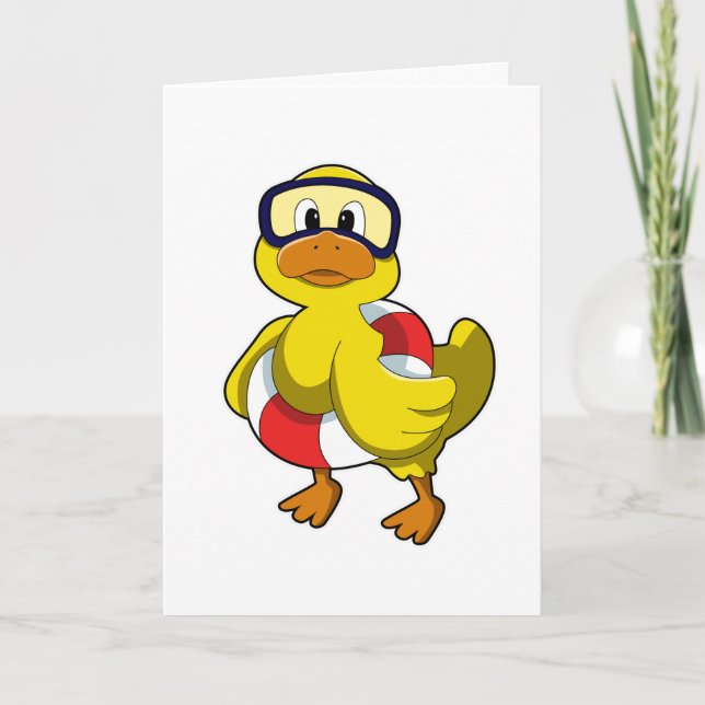 Duck at Swimming with Swim ring & Diving goggles Card (Front)