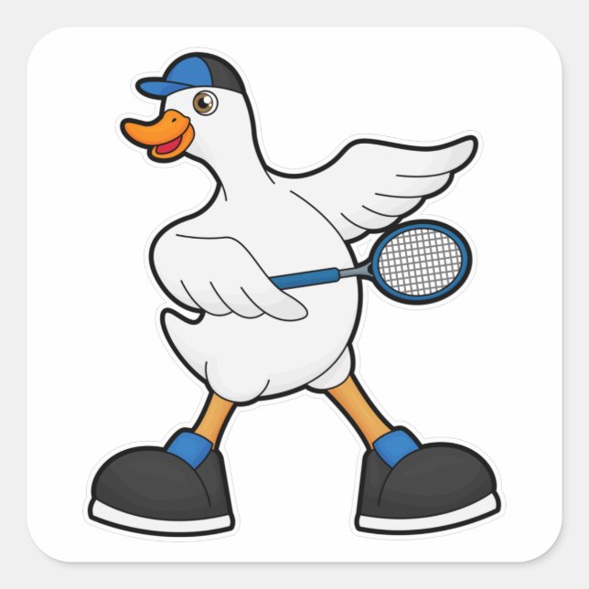 Duck at Tennis with Tennis racket & Cap Square Sticker (Front)