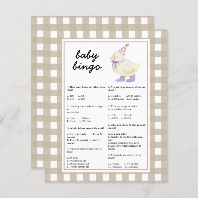 Duck - Baby Trivia | Baby Shower Game (Front/Back)