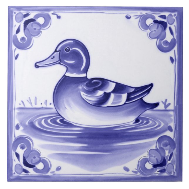 Duck Blue and White European Folk Animal Art Ceramic Tile (Front)