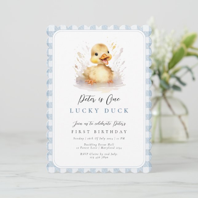 Duck Blue Gingham 1st Birthday Invitation (Standing Front)