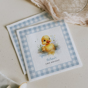 Duck Blue Gingham Birthday Paper Napkin