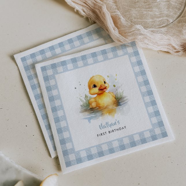 Duck Blue Gingham Birthday Paper Napkin (Creator Uploaded)
