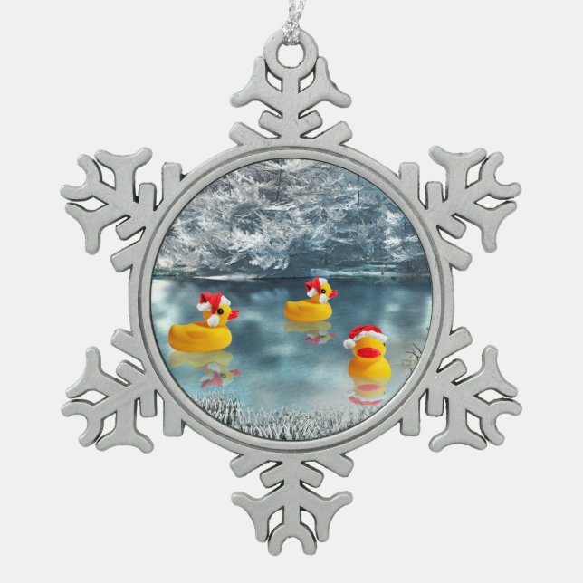 Duck Christmas Snowflake Pewter Christmas Ornament (Front)