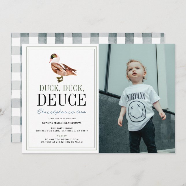 Duck Duck Deuce Classic Boy Photo 2nd Birthday Invitation (Front/Back)