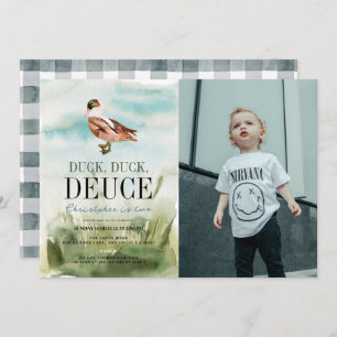 Duck Duck Deuce Watercolor Boy Photo 2nd Birthday Invitation
