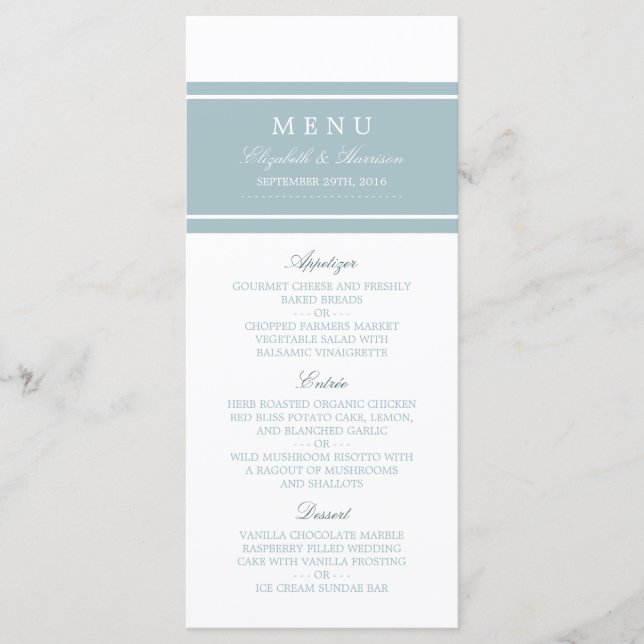 Duck Egg Blue Modern Wedding Menu (Front)