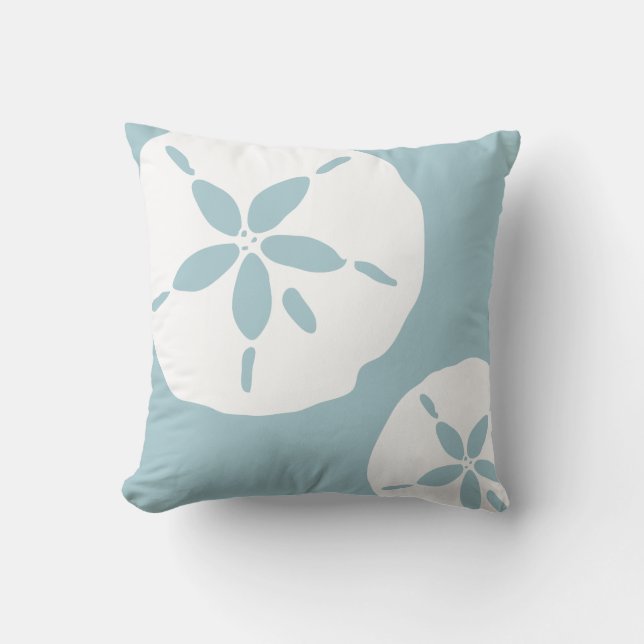 Duck Egg Blue White Sand Dollar Sea Shell Pattern Cushion (Front)