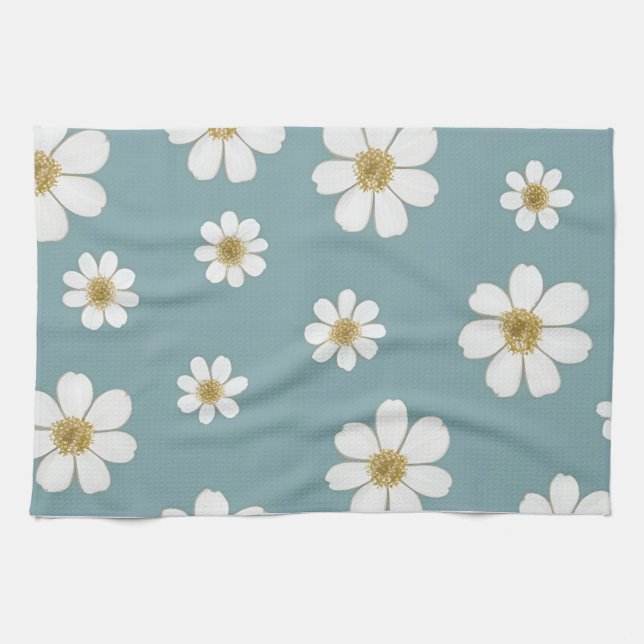 Duck Egg Blue with Daisies, Original Pattern  Tea Towel (Horizontal)