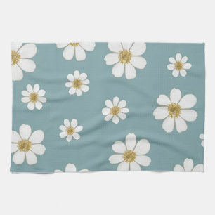Duck Egg Blue with Daisies Pattern  Tea Towel