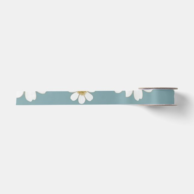 Duck Egg Blue with Daisies  Satin Ribbon (Front)