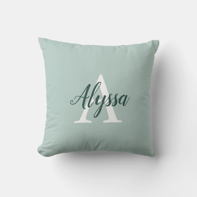 Duck Egg Green Monogram Script Throw Pillow (Front)