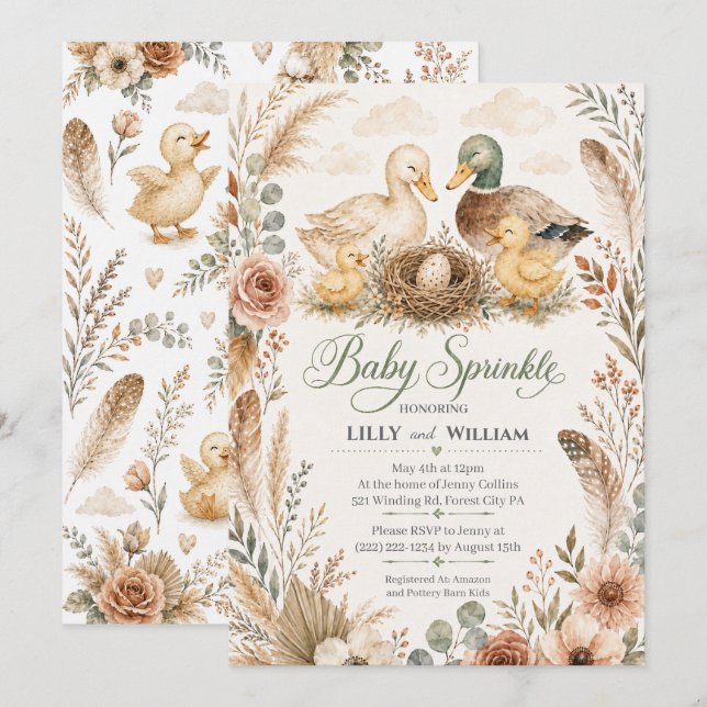 Duck Family Two Sibling Baby Sprinkle Invitation (Front/Back)