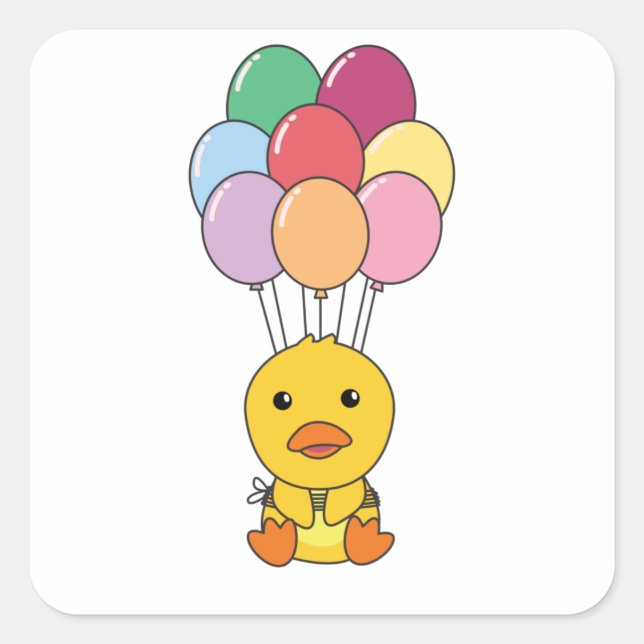Duck Flies Up With Colourful Balloons Square Sticker (Front)