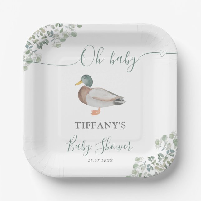 Duck Gender Neutral Greenery Baby Shower Paper Plate (Front)