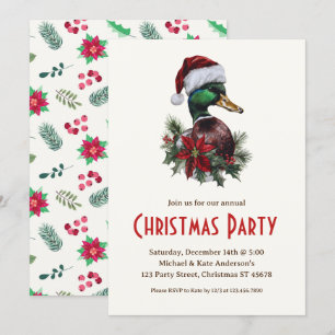 Duck in a Santa Hat Poinsettias Christmas Party Invitation