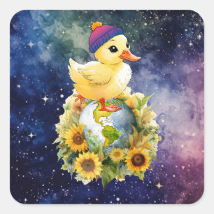 Duck in Bisexual Flag Colors Beanie Stands on Plan Square Sticker