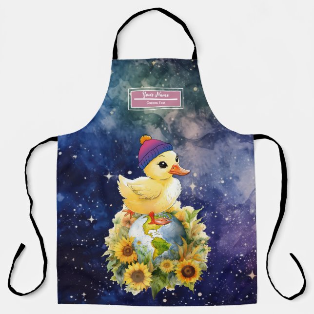 Duck in Bisexual Flag Colours Beanie on Planet Apron (Front)