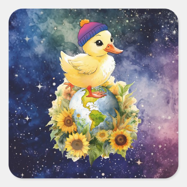 Duck in Bisexual Flag Colours Beanie on Planet Square Sticker (Front)