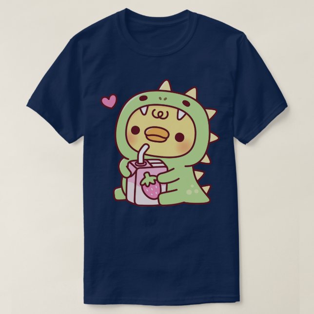Duck In Cute Dinosaur Costume With Strawberry Milk T-Shirt (Design Front)