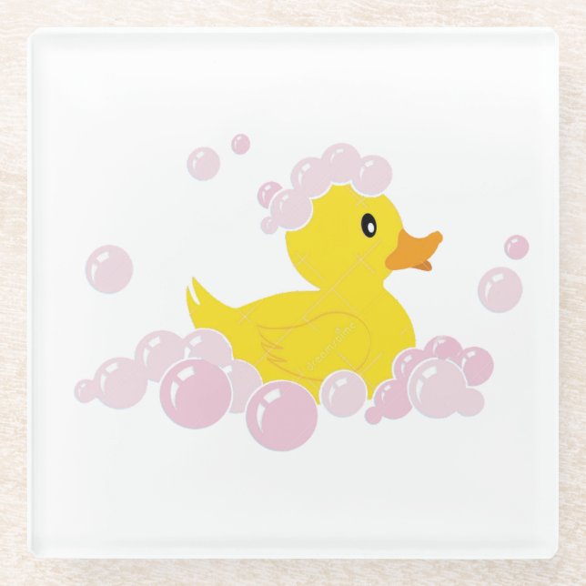Duck in Pink Bubbles Glass Coaster (Front)